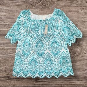 Chico’s Petite Off Shoulder Scalloped Hem Eyelet Embroidered Blouse NWT